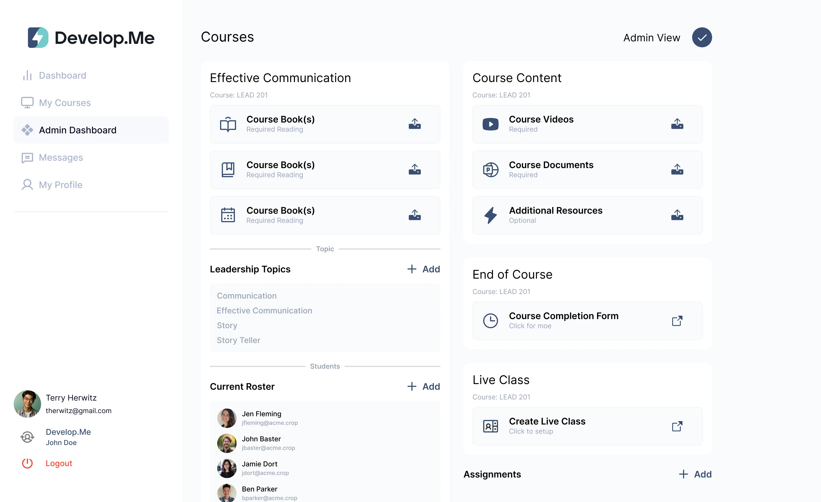 Admin dashboard interface for an online course platform, displaying course details, resources, and a roster of students.