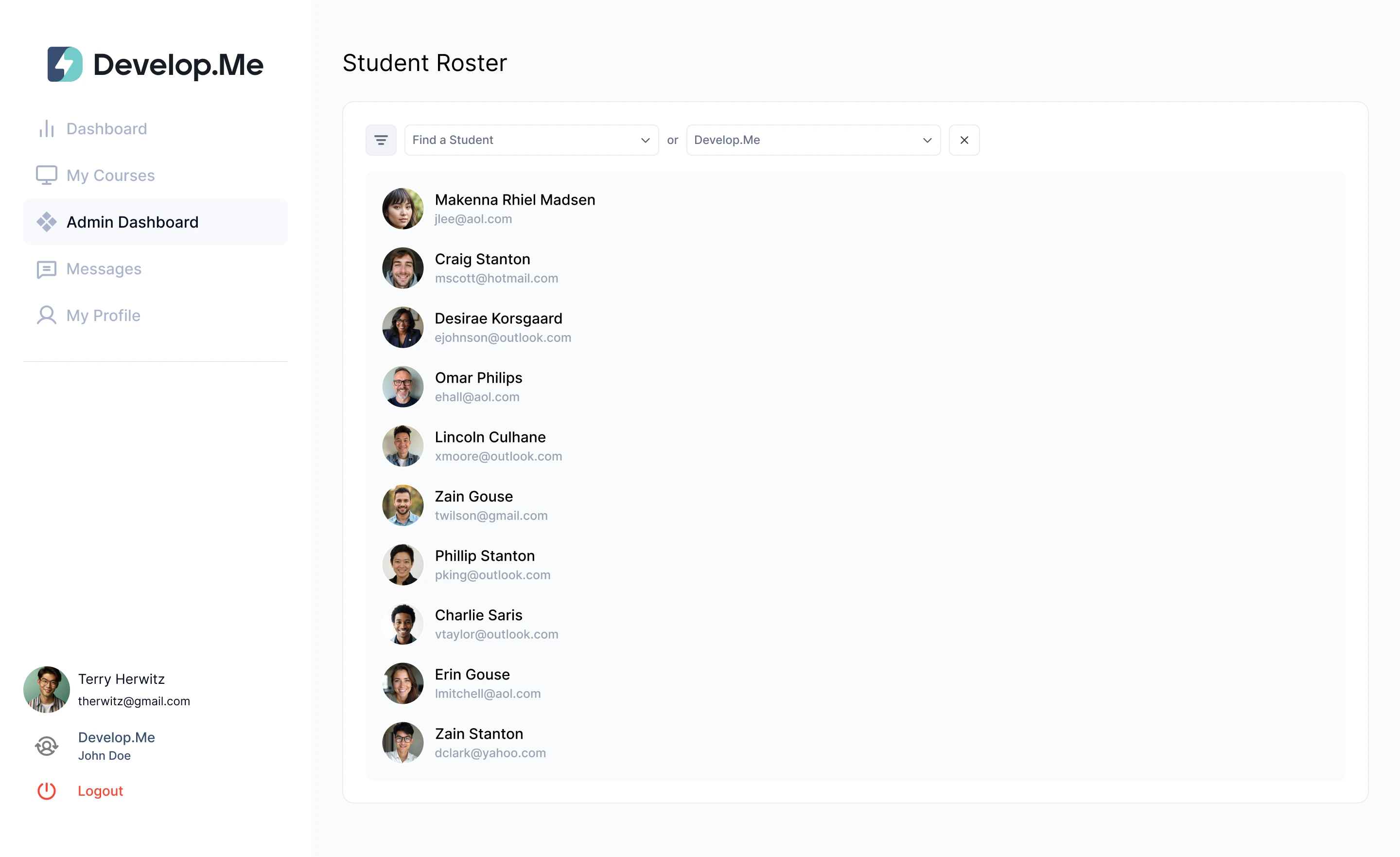 Admin dashboard interface displaying a student roster with names and email addresses. Navigation buttons are visible on the left.