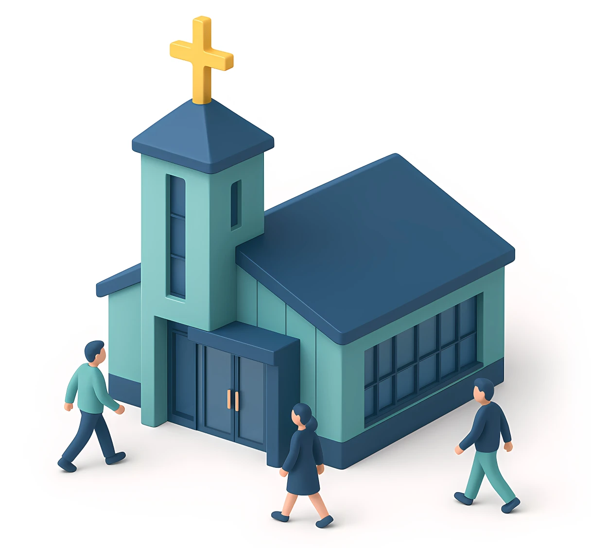 A 3D illustration of a church with a yellow cross, featuring three people walking towards the entrance.