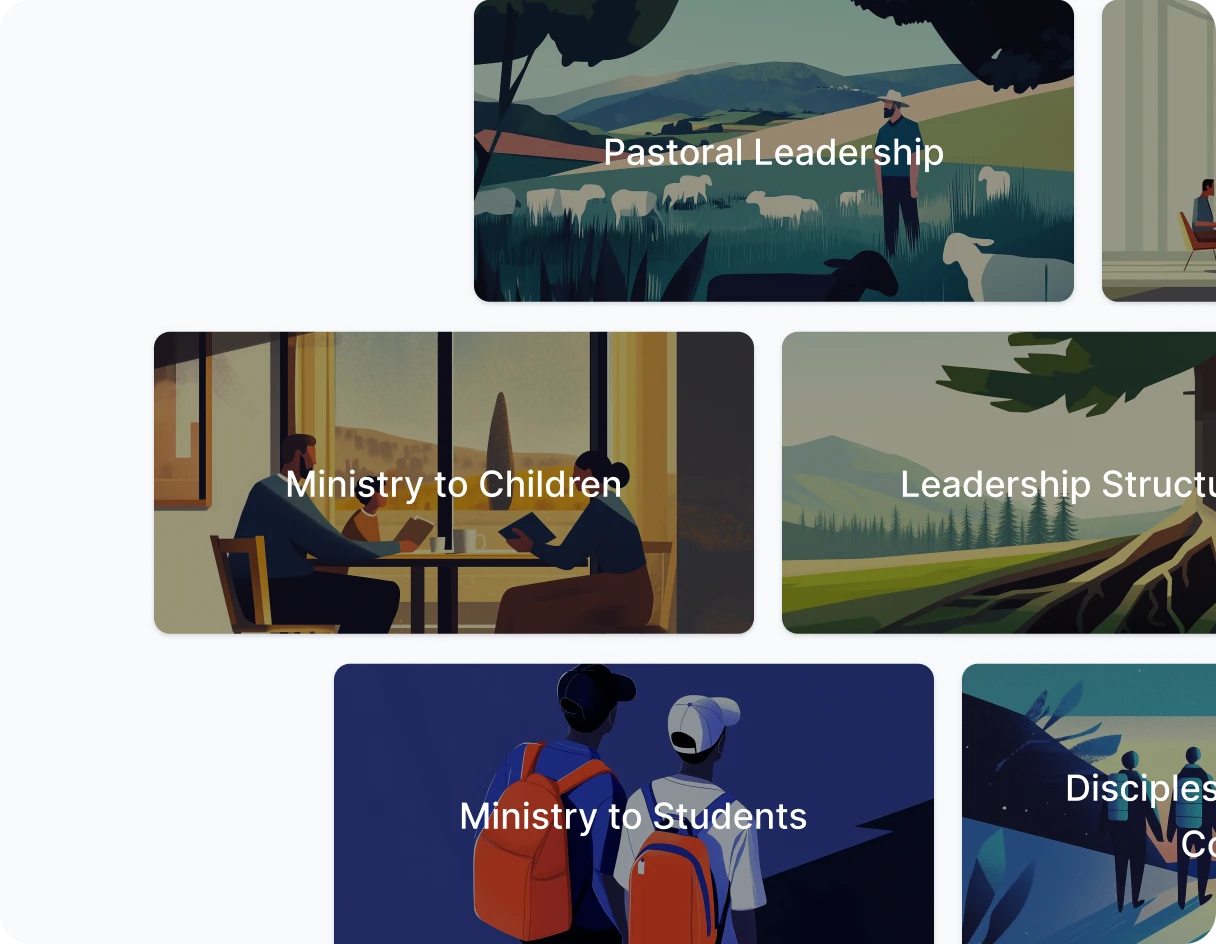 A collage of illustrations depicting various ministry topics: Pastoral Leadership, Ministry to Children, Leadership Structure, Ministry to Students, and Discipleship.