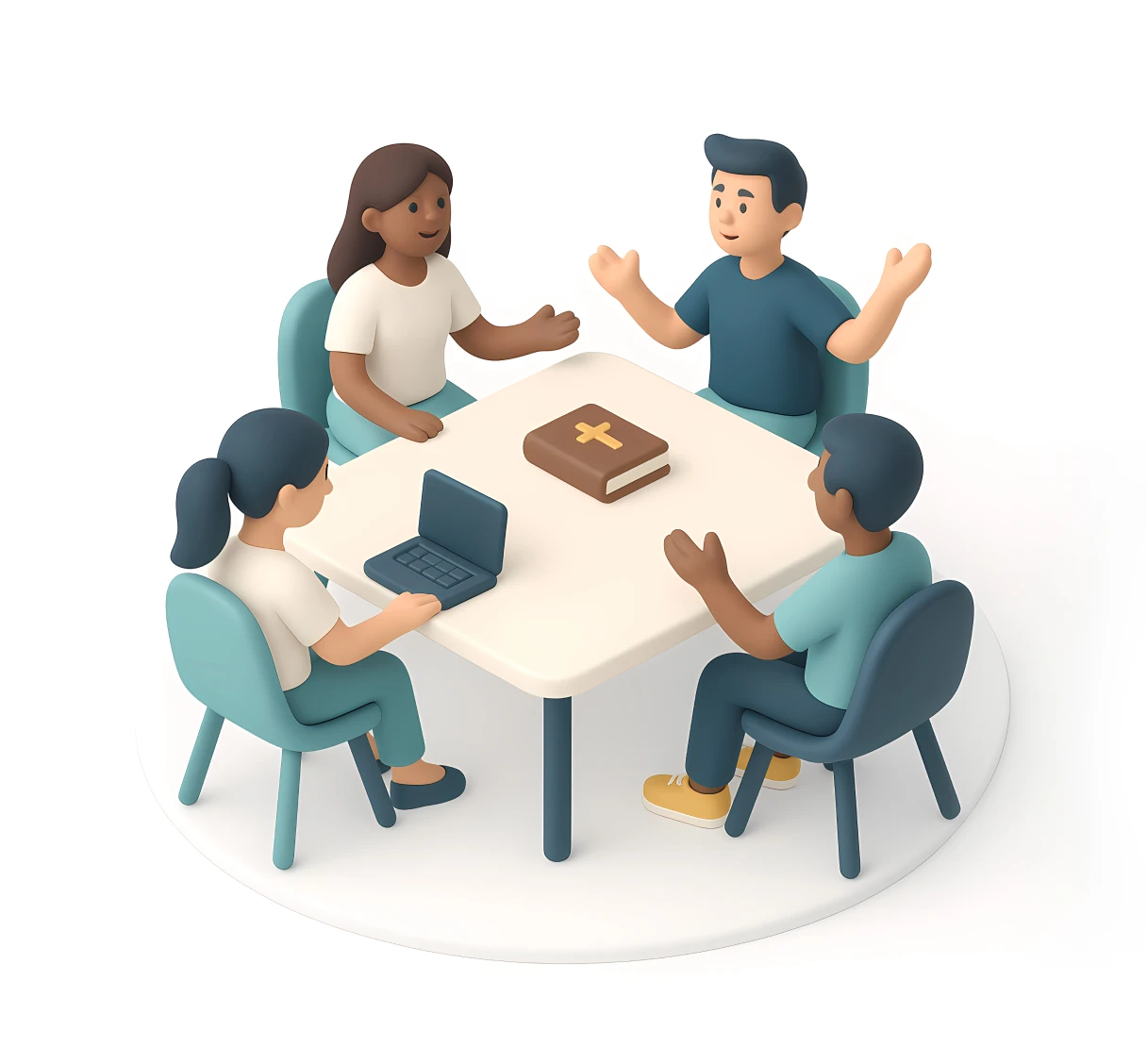 A group of four people sits around a table discussing, with a Bible and a laptop present. The setting suggests a study or meeting.
