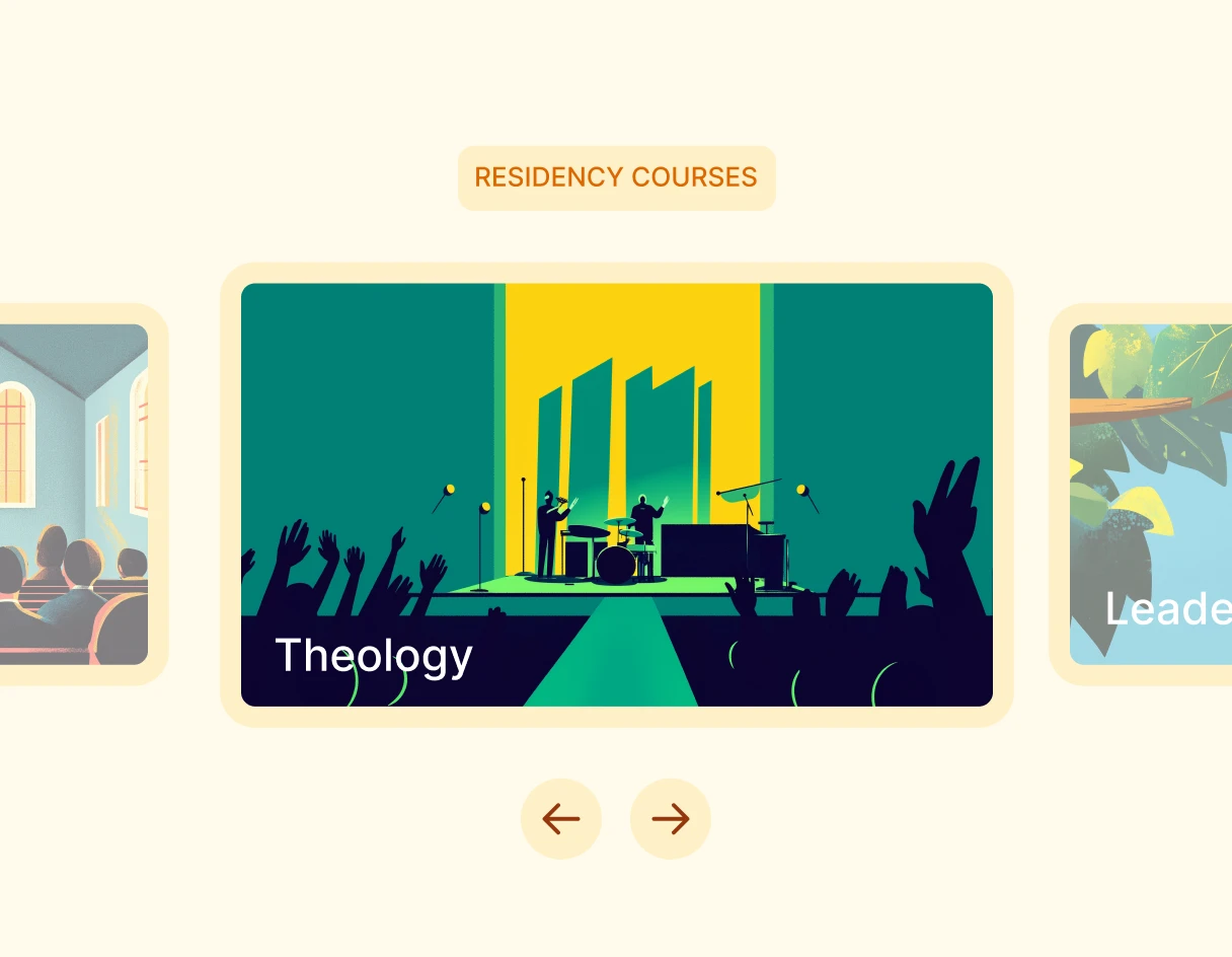 Illustration of a vibrant music performance with raised hands, labeled "Theology," among other course options in a carousel format.