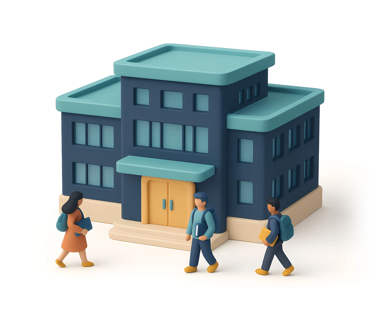 A stylized building with teal accents, featuring three students walking with backpacks and books in front of it.