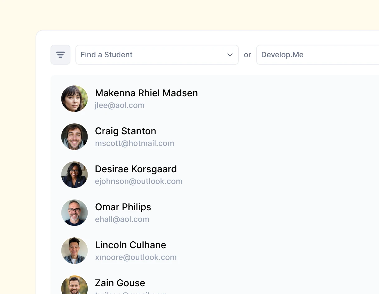 A user interface displaying a list of students with names and email addresses, along with a search bar at the top.