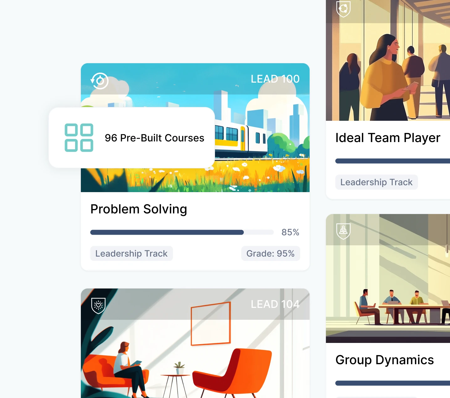 A digital interface displays courses on leadership and problem-solving, featuring progress bars and colorful illustrations.