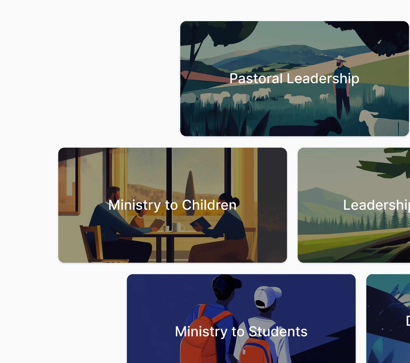 A colorfully illustrated grid featuring concepts like Pastoral Leadership, Ministry to Children, and Ministry to Students with engaging images.