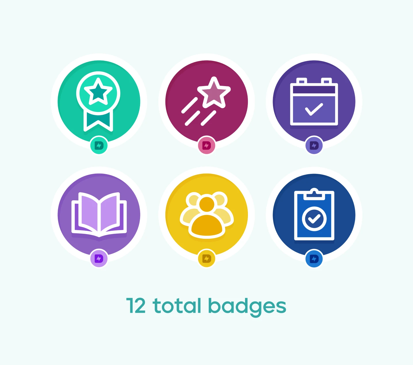 Six colorful badges representing achievements, including a star, calendar, book, group, and checklist, with a note of 12 total badges.