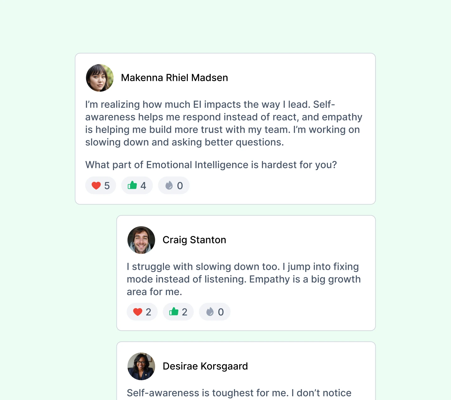 Discussion on emotional intelligence among three individuals, focusing on self-awareness, empathy, and growth challenges.