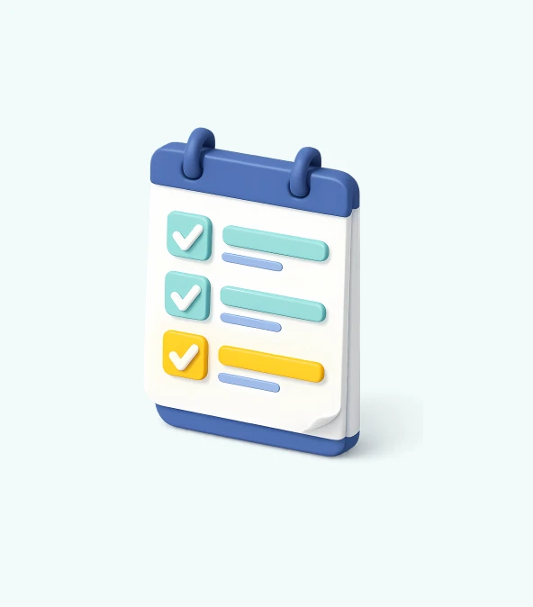 3D illustration of a checklist on a clipboard, featuring checked items in blue and green, and an incomplete task highlighted in yellow.
