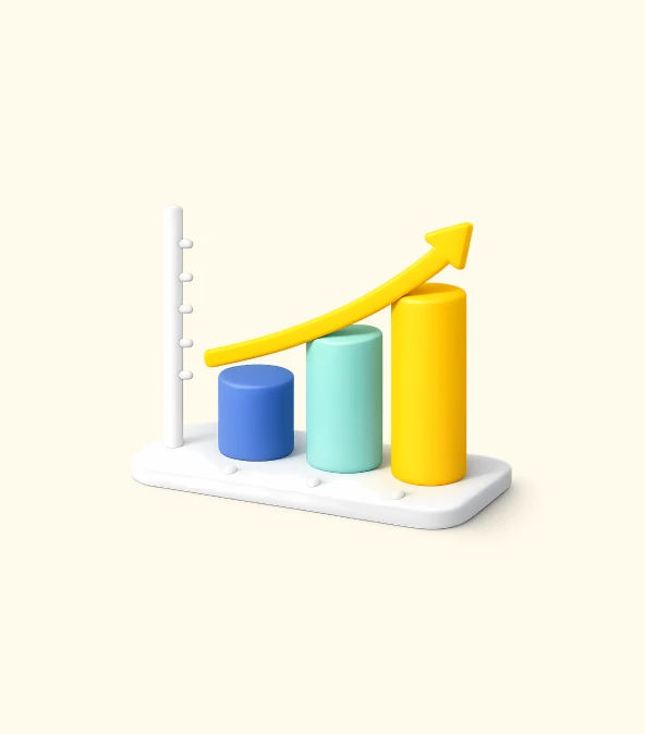 3D bar chart with blue, teal, and yellow bars, showing an upward trend indicated by a yellow arrow on a white base.