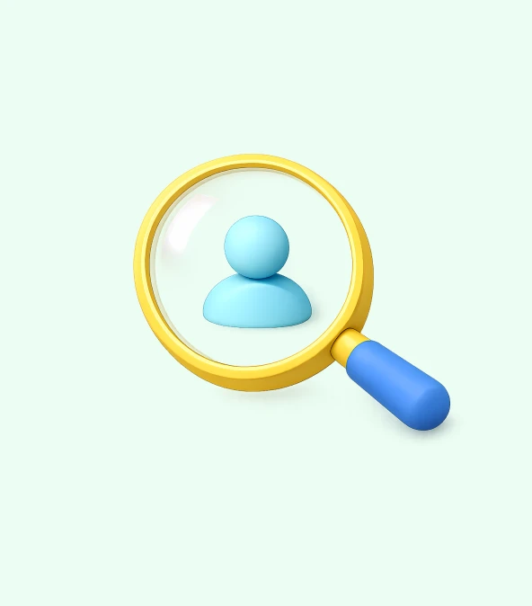 A magnifying glass with a yellow frame and blue handle focuses on a light blue person icon, set against a soft green background.
