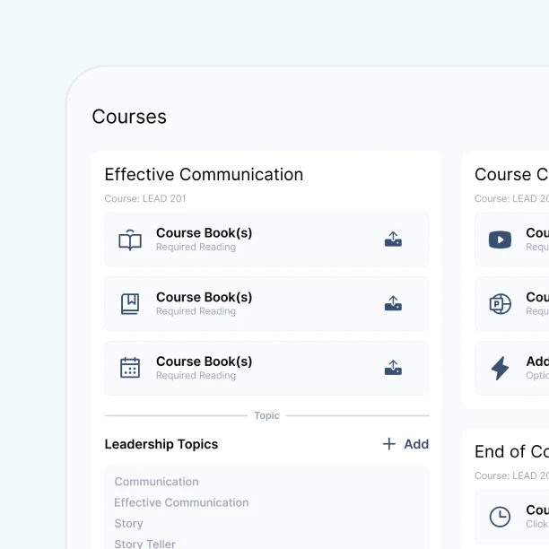 Course interface displaying "Effective Communication" (LEAD 201) with required reading resources and leadership topics listed.