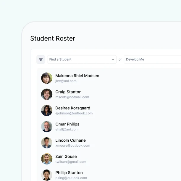 Student roster interface displaying a list of names and email addresses for various students.