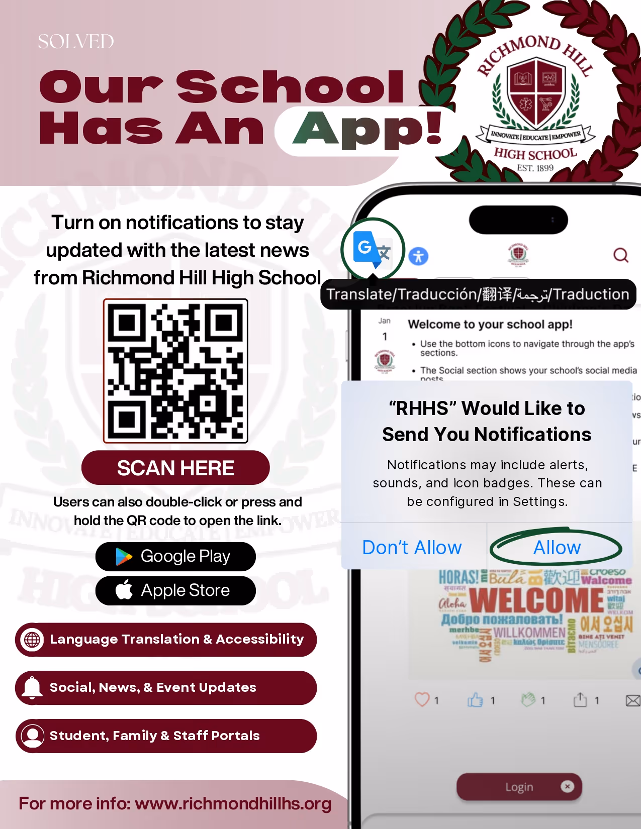 Richmond Hill High School mobile app promotional flyer with QR code