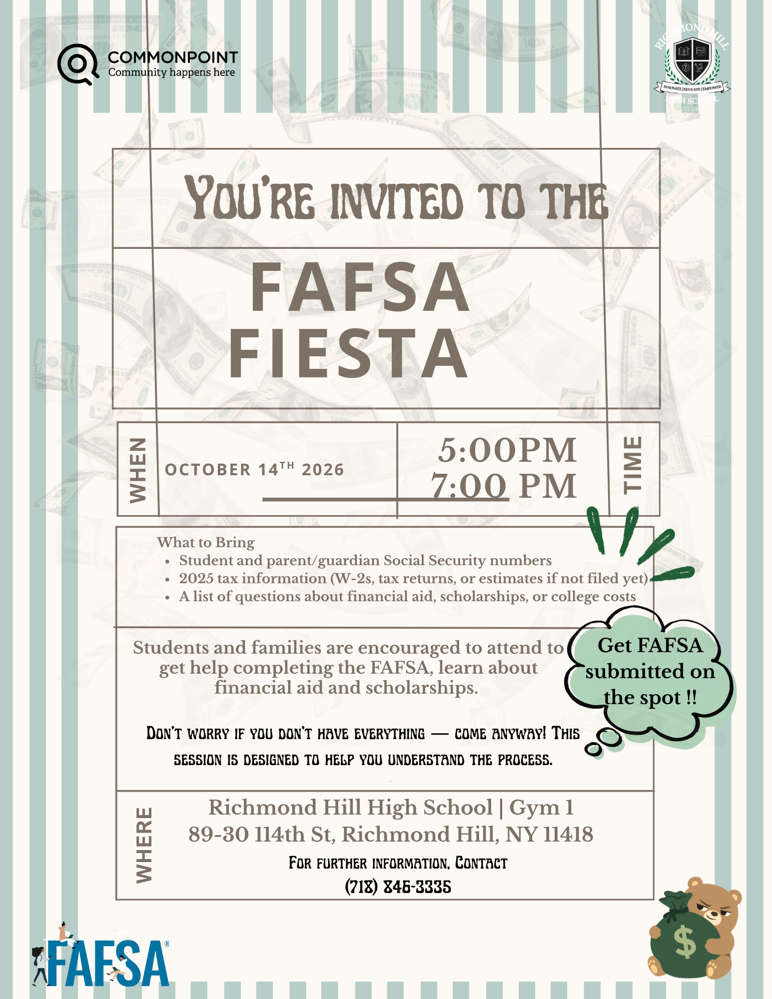 FAFSA Fiesta flyer. October 14th 2026, 5:00 PM to 7:00 PM, Richmond Hill High School, Gym 1, 89-30 114th St, Richmond Hill, NY 11418.