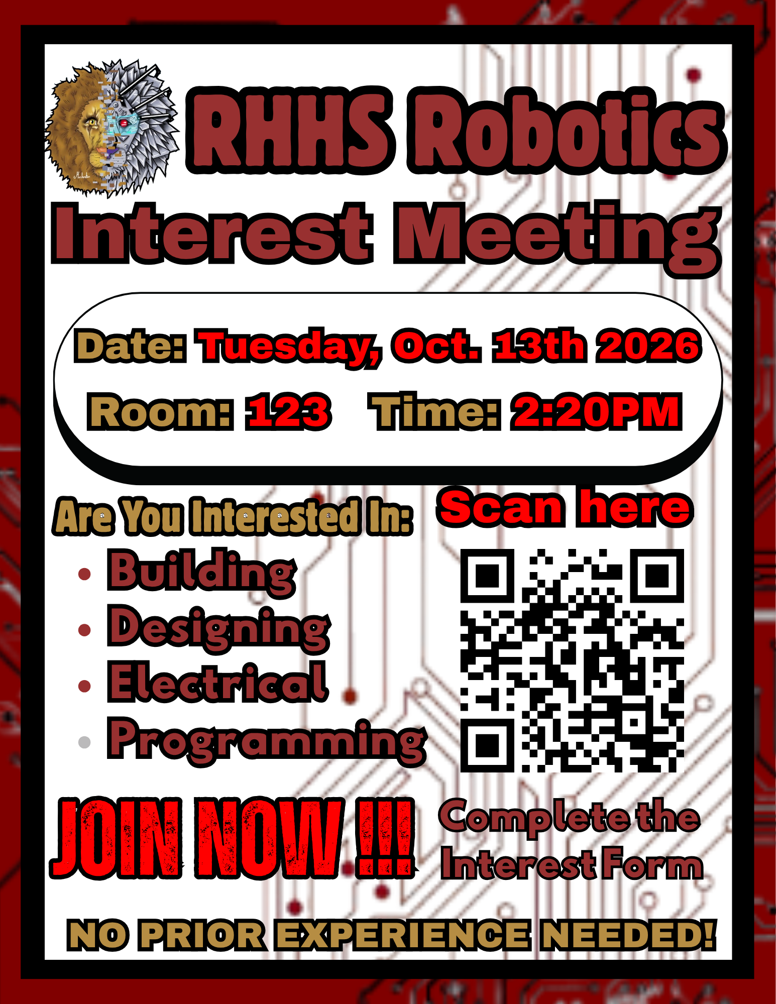 RHHS Robotics Interest Meeting flyer. Tuesday, October 13th 2026, Room 123. Building, designing, electrical, programming. No prior experience needed.