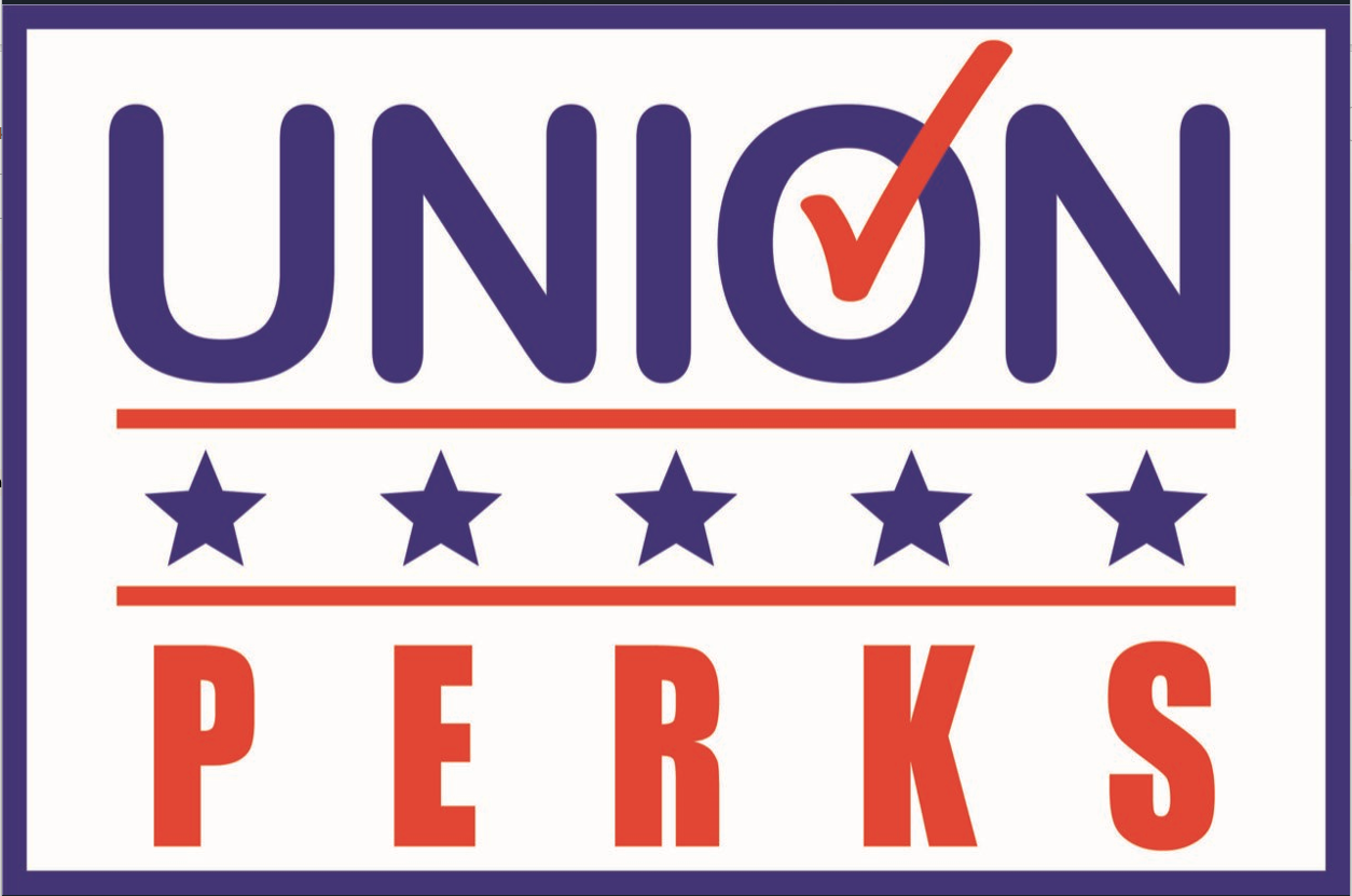 Union Perks logo with the word UNION in bold purple letters with an orange check mark over the O, five purple stars below, and the word PERKS in bold orange letters.