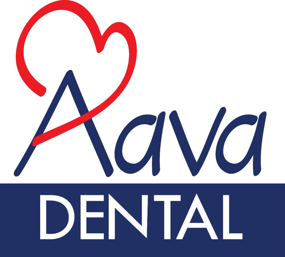 Aava Dental logo with a red heart design integrated into the letter A and the word DENTAL in white on a blue background.