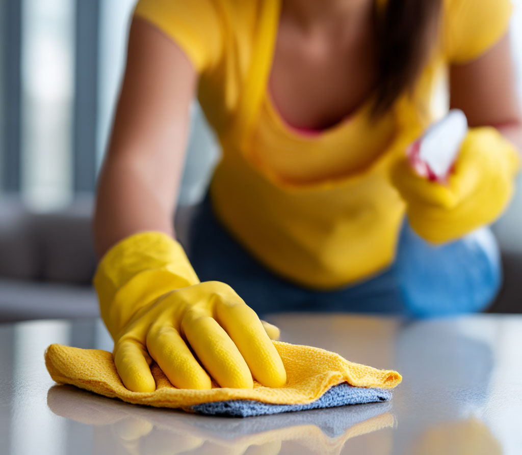 Person wearing yellow gloves cleaning a surface with a yellow cloth and holding a spray bottle.