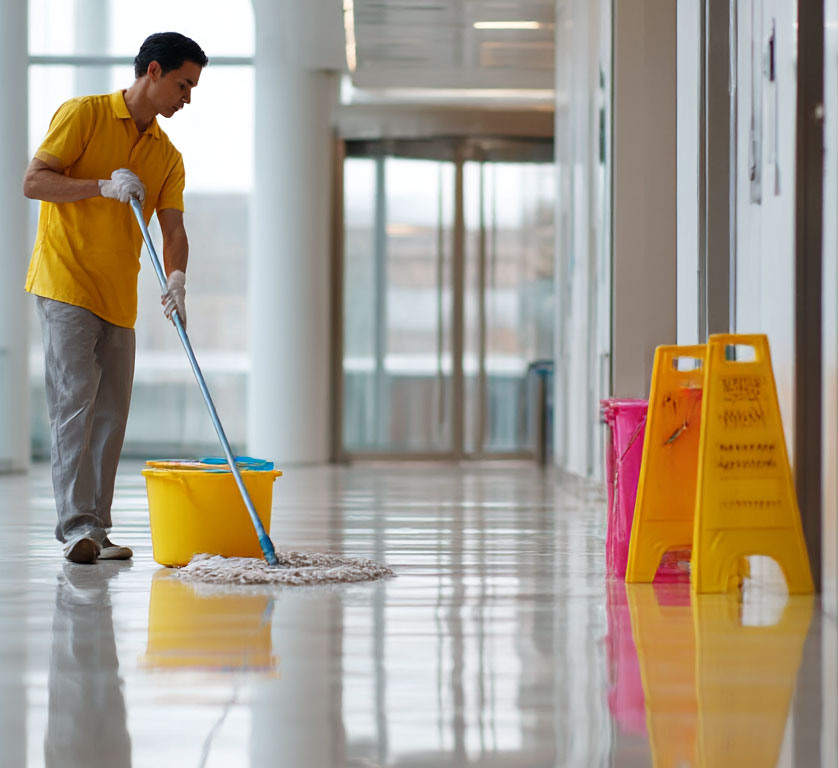 Janitor mopping a shiny white floor in a bright hallway with yellow caution signs and cleaning buckets nearby.