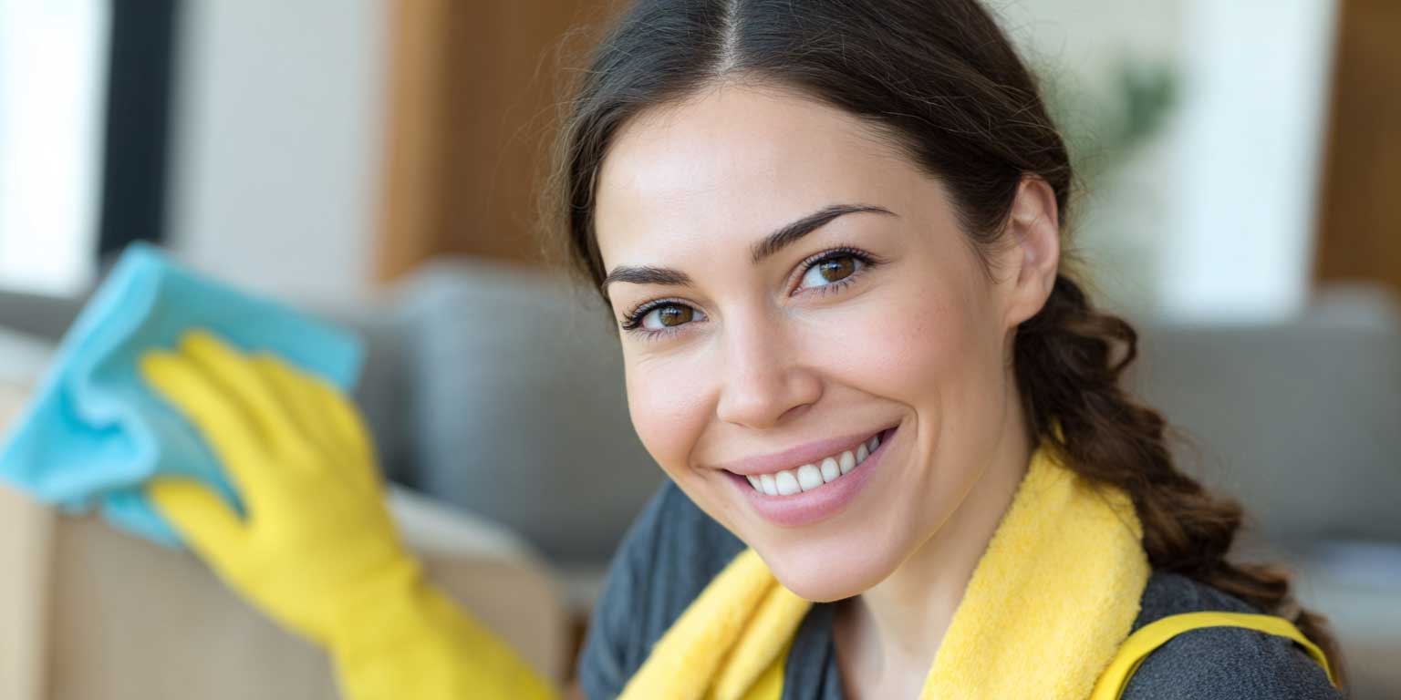Smiling woman wearing yellow cleaning gloves and a yellow towel around her neck, holding a blue cleaning cloth.
