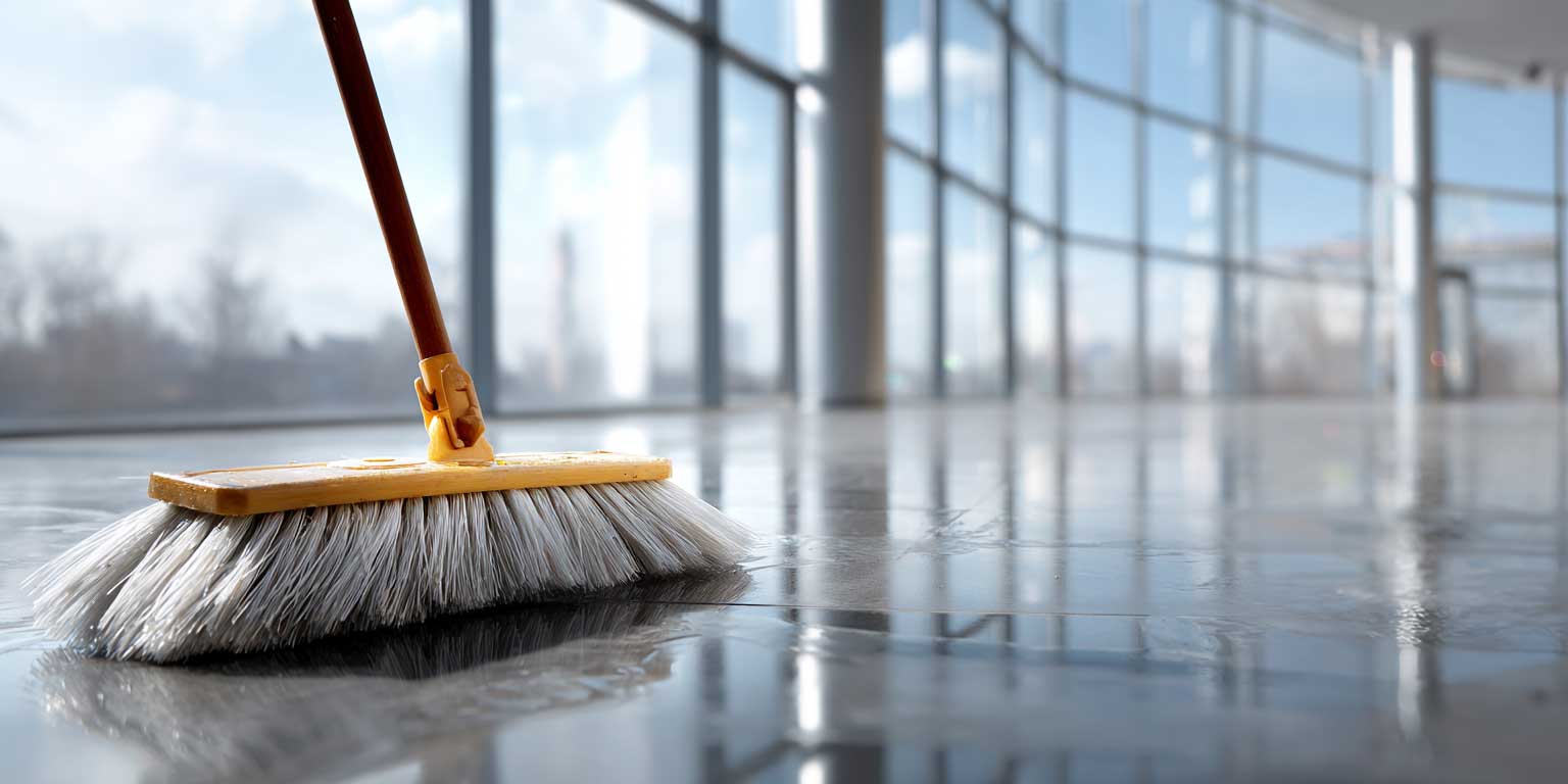 Yellow push broom sweeping a shiny wet tiled floor in a spacious room with large windows.