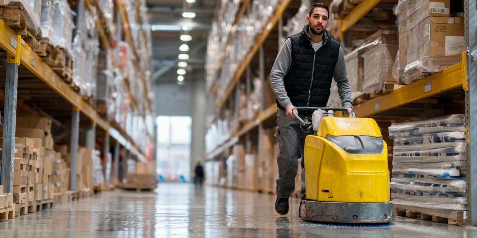 Yellow push broom sweeping a shiny wet tiled floor in a spacious room with large windows.