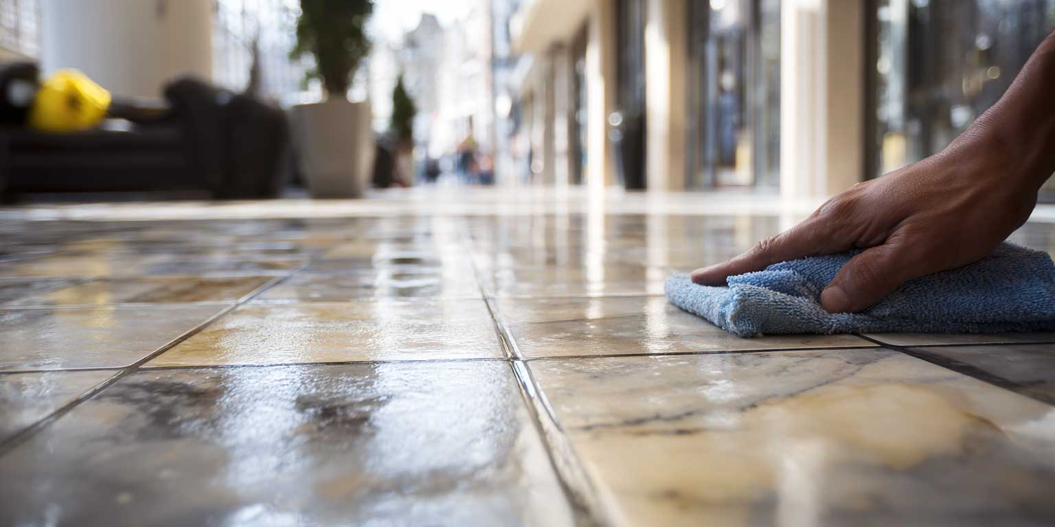 Yellow push broom sweeping a shiny wet tiled floor in a spacious room with large windows.
