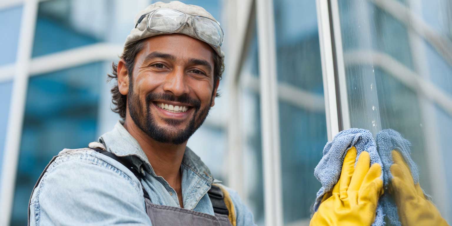 Yellow push broom sweeping a shiny wet tiled floor in a spacious room with large windows.
