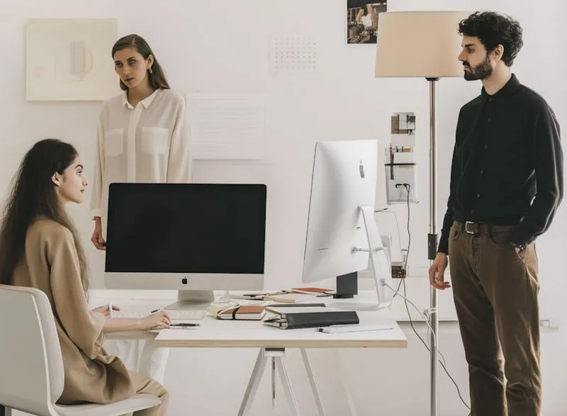 Three young professionals in a minimalistic office, two women and one man, working around two iMac computers on a white desk.