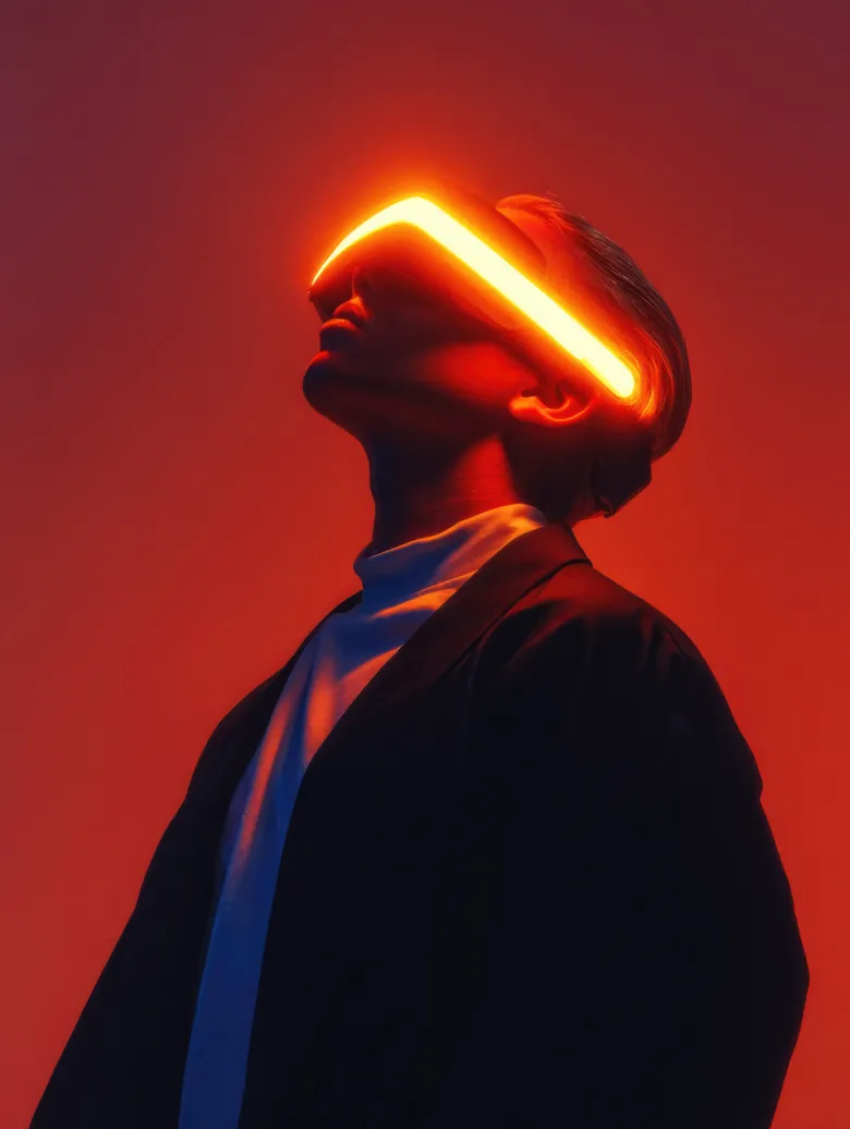 Futuristic portrait with neon orange highlights.