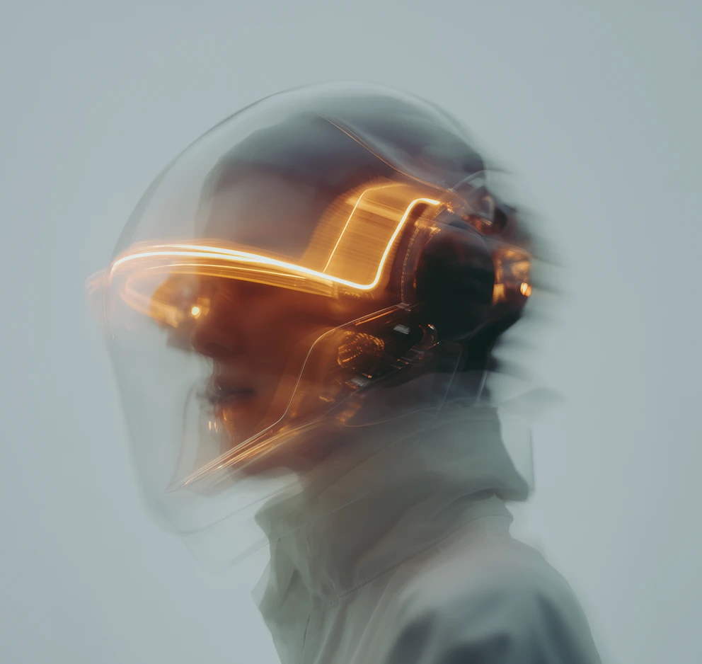 Futuristic portrait with glowing visor effect.