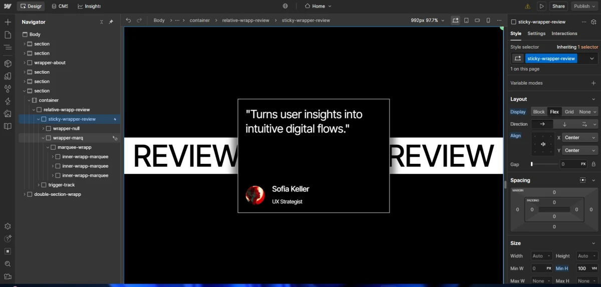 Web development interface showing a project section with overlapping visuals and text elements on a dark background.