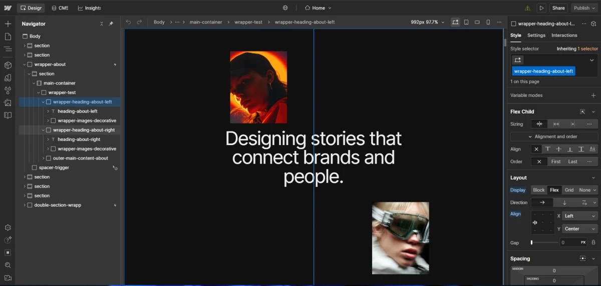 Web design interface showing a text block labeled 'FRACTAL' surrounded by multiple blurred and abstract images on a black background.