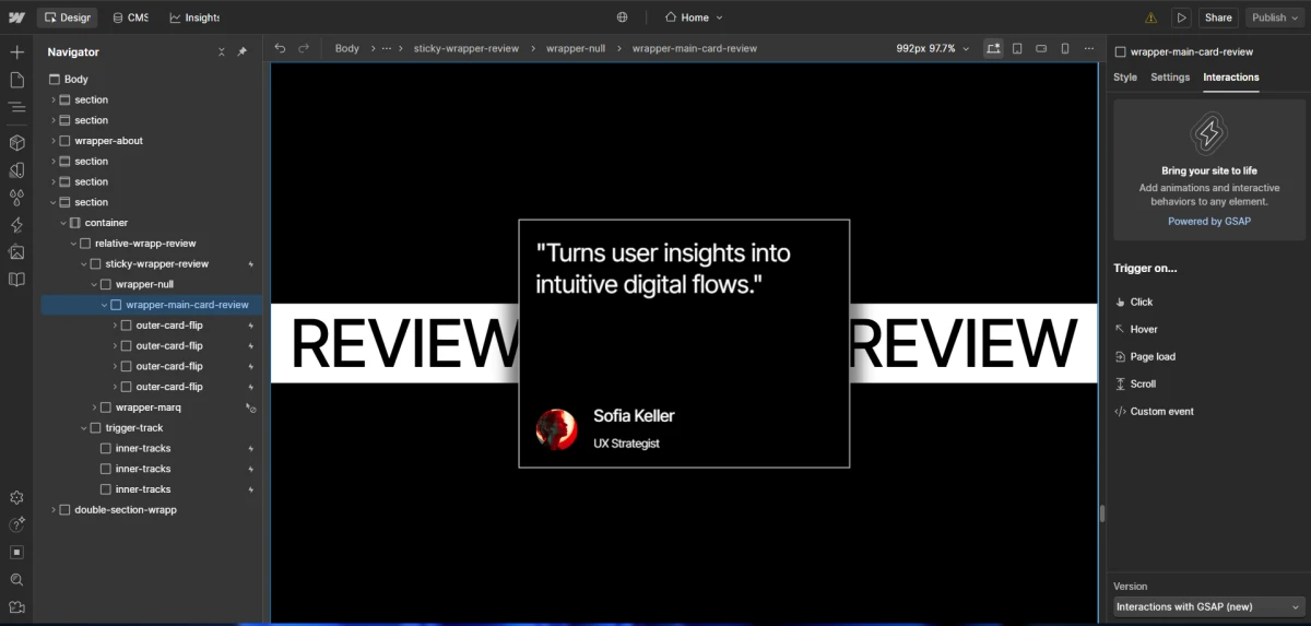 Web development interface showing a project section with overlapping visuals and text elements on a dark background.