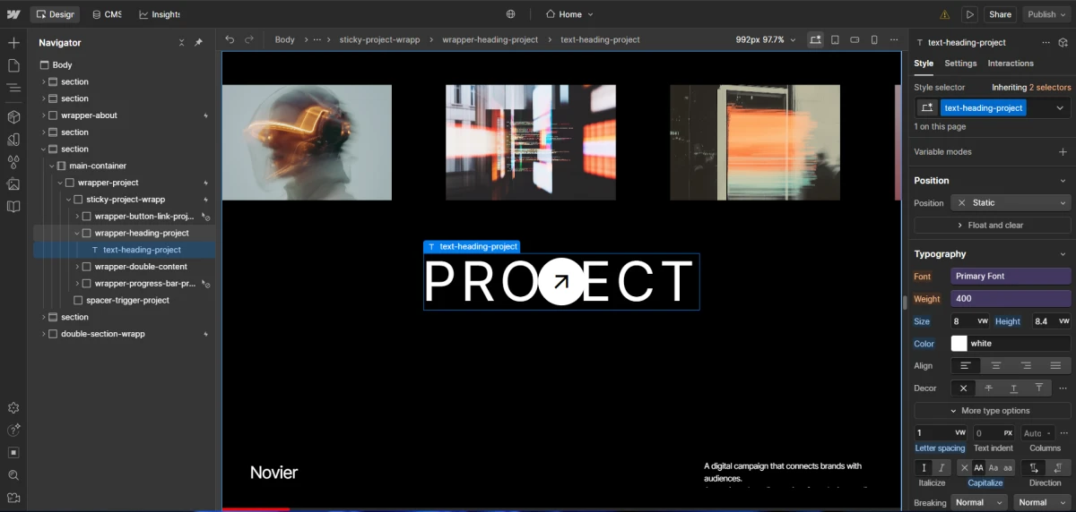 Web development interface showing a project section with overlapping visuals and text elements on a dark background.