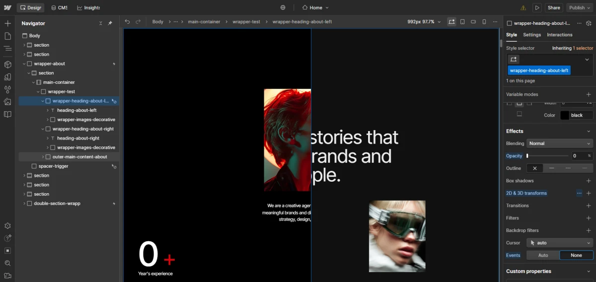 Web design interface showing a layered visual layout with blur and motion effect images, and text listing Web Development, 3D Artist, Graphic Design, and UI/UX Designer services.