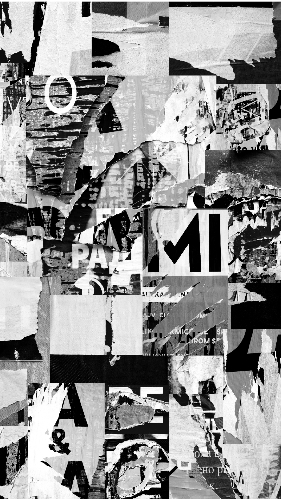 Black and white collage of torn paper and fragmented text layered irregularly.