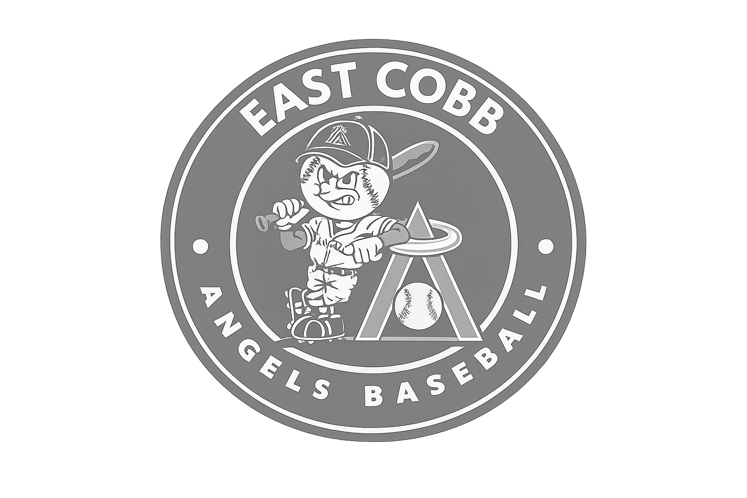 East Cobb Angels Baseball logo with an angry baseball character holding a bat next to a stylized letter A.