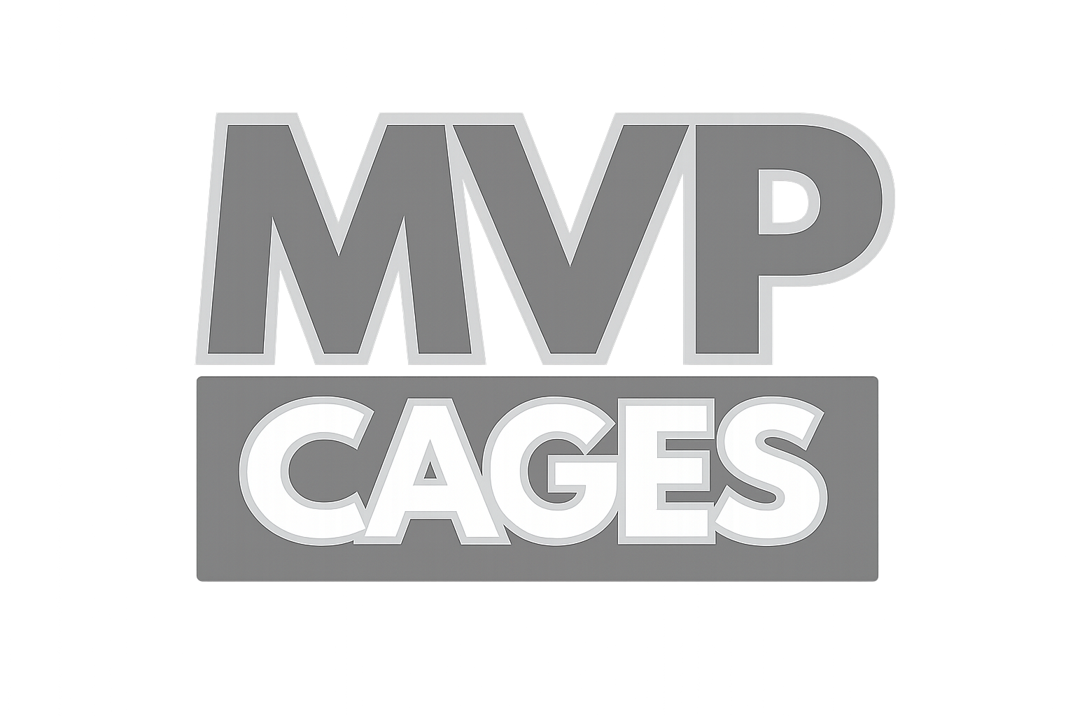 Glowing white text saying MVP CAGES on a dark vertical striped background.