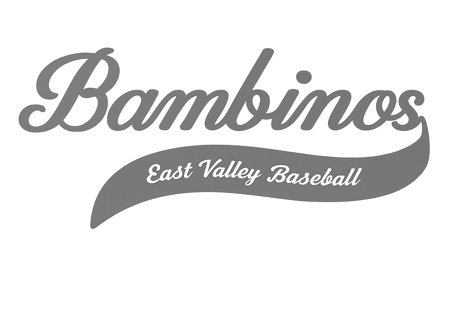 Bambinos logo with script font and banner reading East Valley Baseball on grayscale background.