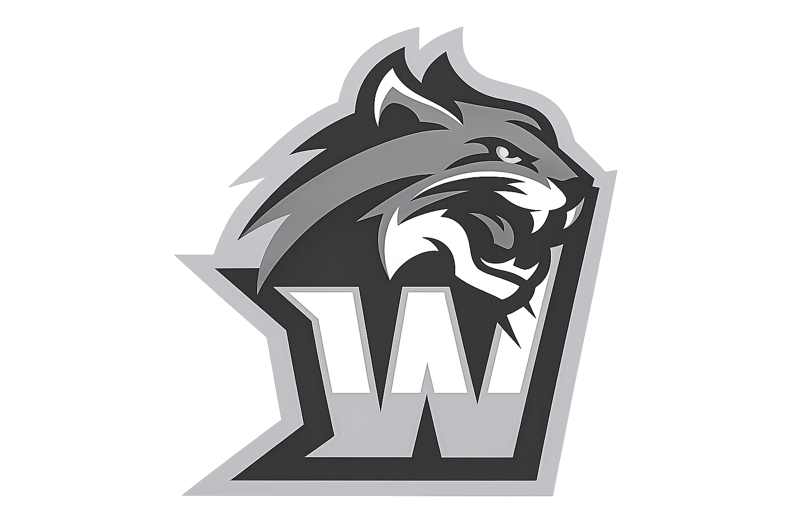 Stylized roaring tiger head above a bold letter W in grayscale on a gray background.