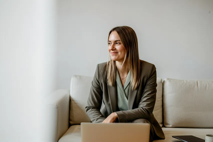 Smiling woman in business suit sitting on a beige couch with a laptop in front of her.