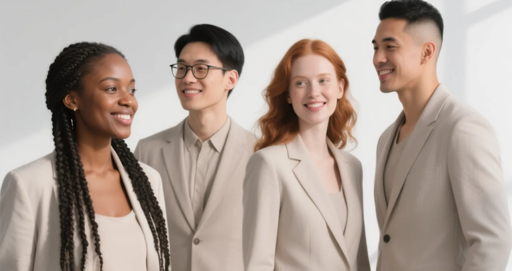 Four diverse young professionals smiling and standing together wearing light beige business attire.