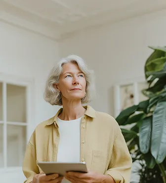 Older woman with gray hair holding a tablet, looking thoughtfully to the side indoors.