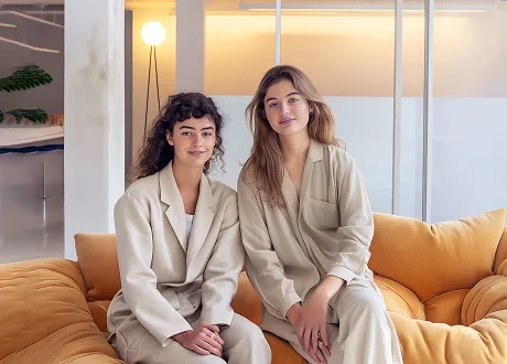 Two women dressed in beige sitting closely together on an orange couch in a modern room with glass walls and warm lighting.