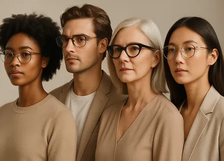Four diverse adults wearing glasses and beige clothing standing in a row against a neutral background.