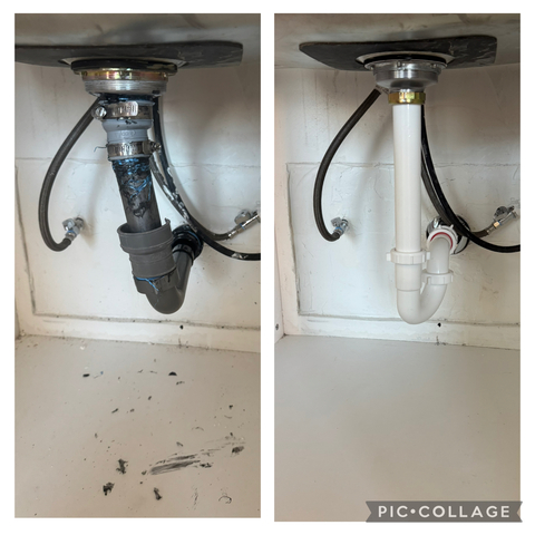 Side-by-side comparison of an old, worn black sink drain pipe with corrosion and leaks on the left, and a new clean white PVC sink drain pipe on the right.