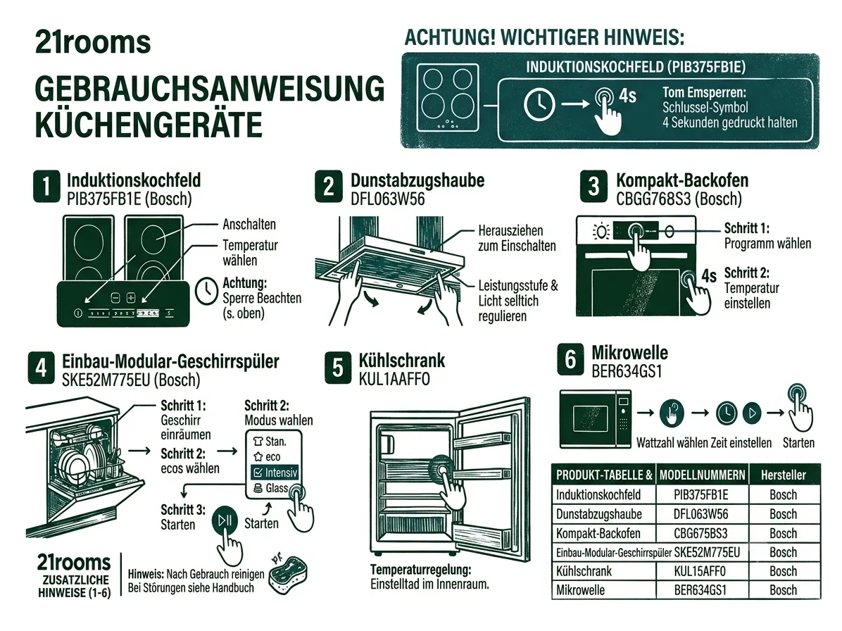 Übersicht der Einbaugeräte in den Küchen in der Donaustraße