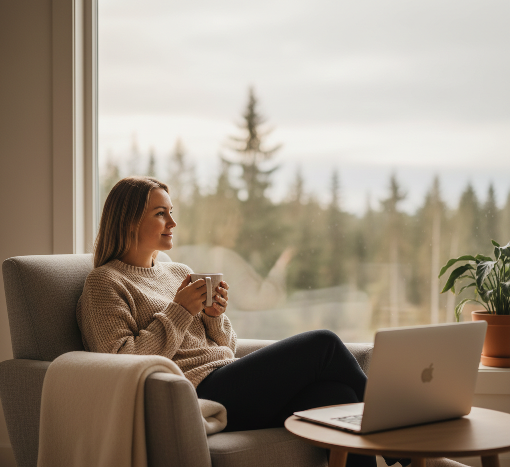 Kvinna i beige tröja som sitter i en fåtölj och håller en kopp framför ett stort fönster med granskog utanför.